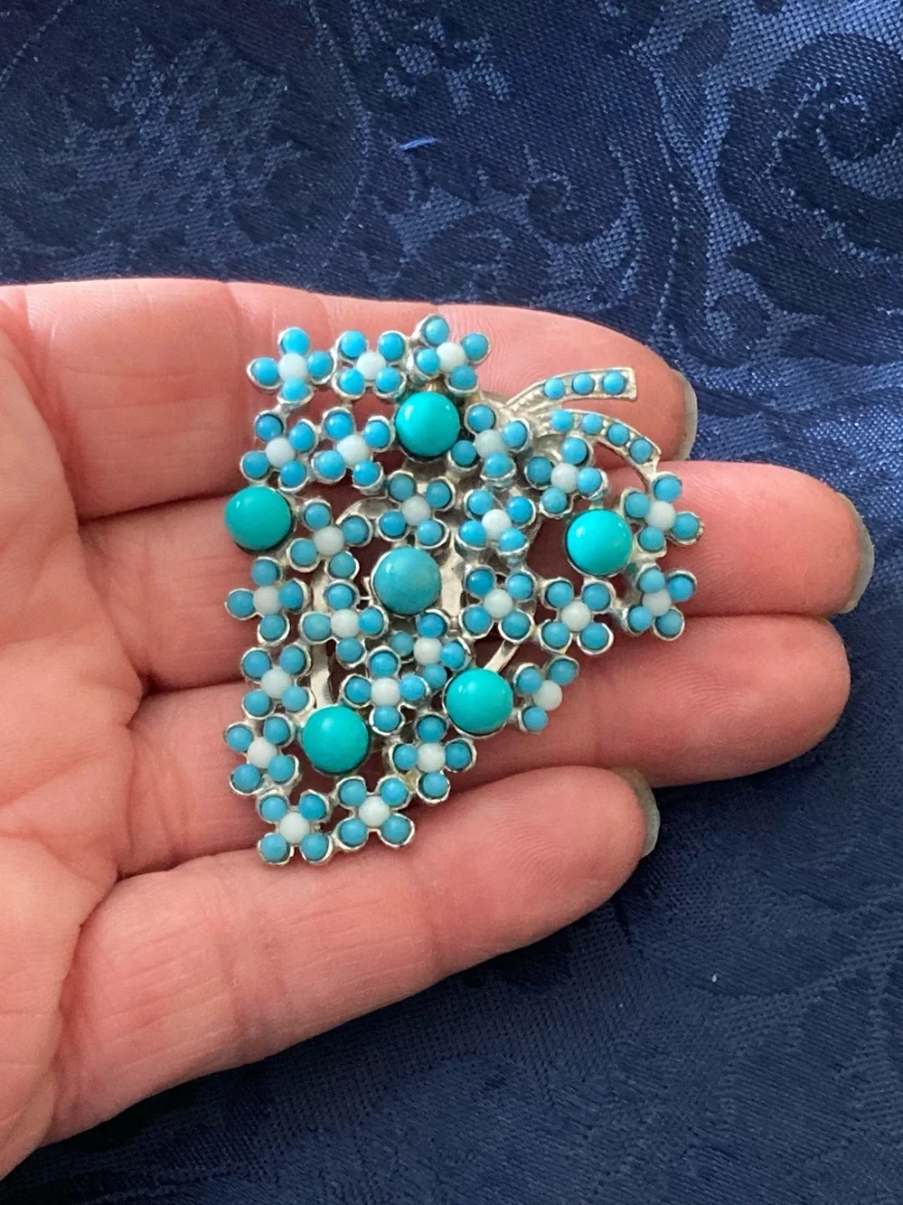 Vintage Dress Clip Grape Cluster Turquoise Blue White Ballotini Balls 2.2